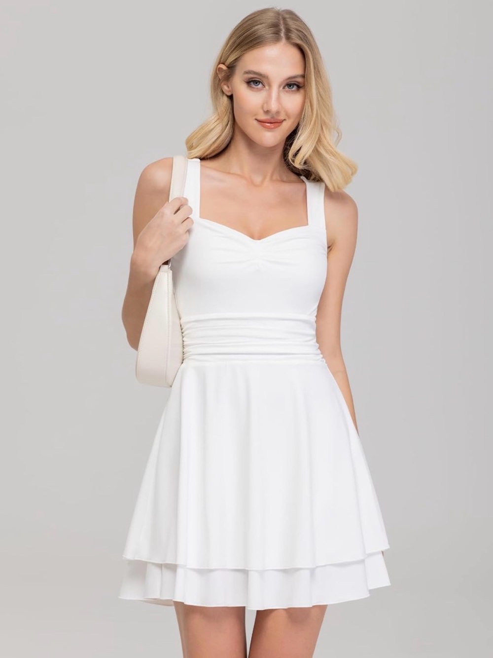NWT | Sz S | White Sweetheart Sleeveless Ruched Ruffle Stretch Mini Dress